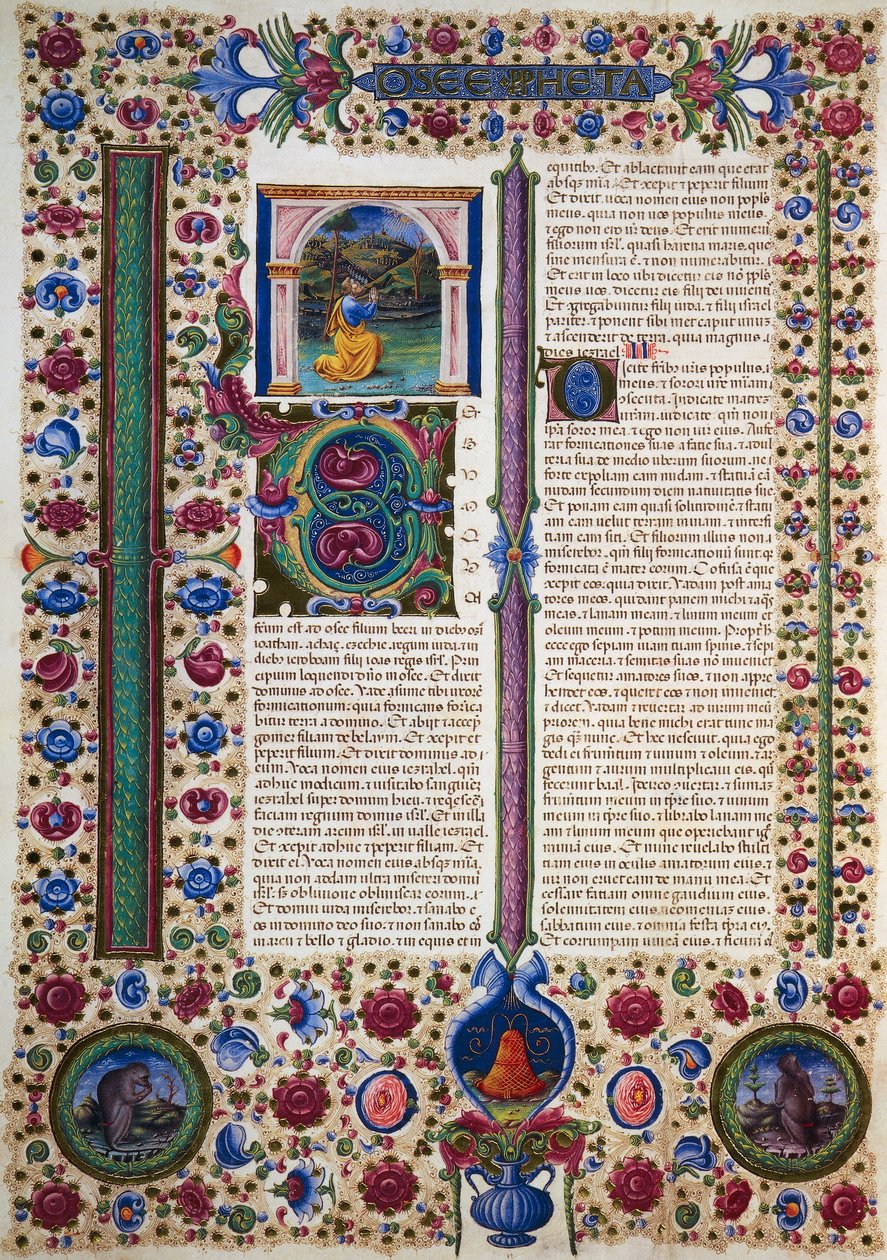 بداية من كتاب النبي هوشع ، من المجلد الثاني من الكتاب المقدس لبورسو ديست ، زخرفه تادو كريفيلي (1425-1479) وآخرون ، مخطوطة لاتينية 422-423 ، الصحيفة 87 ، ظهر الصفحة ، المخطوطة بواسطة تاديو كريفيلي