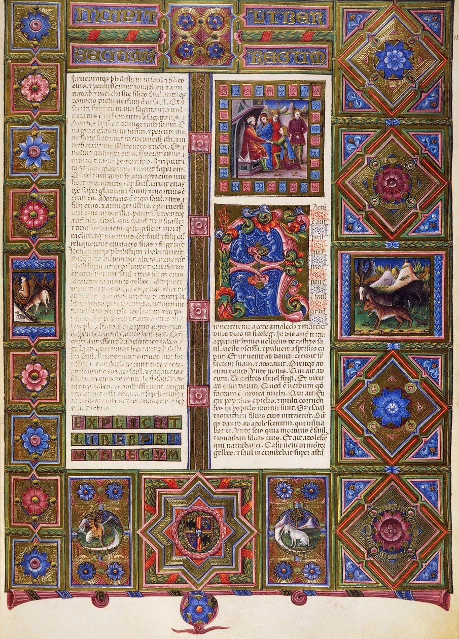 بداية من كتاب صموئيل الثاني ، من المجلد الأول من الكتاب المقدس لبورسو ديست ، زخرفه تادو كريفيللي (1425-1479) وآخرون ، مخطوطة لاتينية 422-423 ، الصحيفة 127 ، ظهر ، مخطوطة برشمان بواسطة تاديو كريفيلي