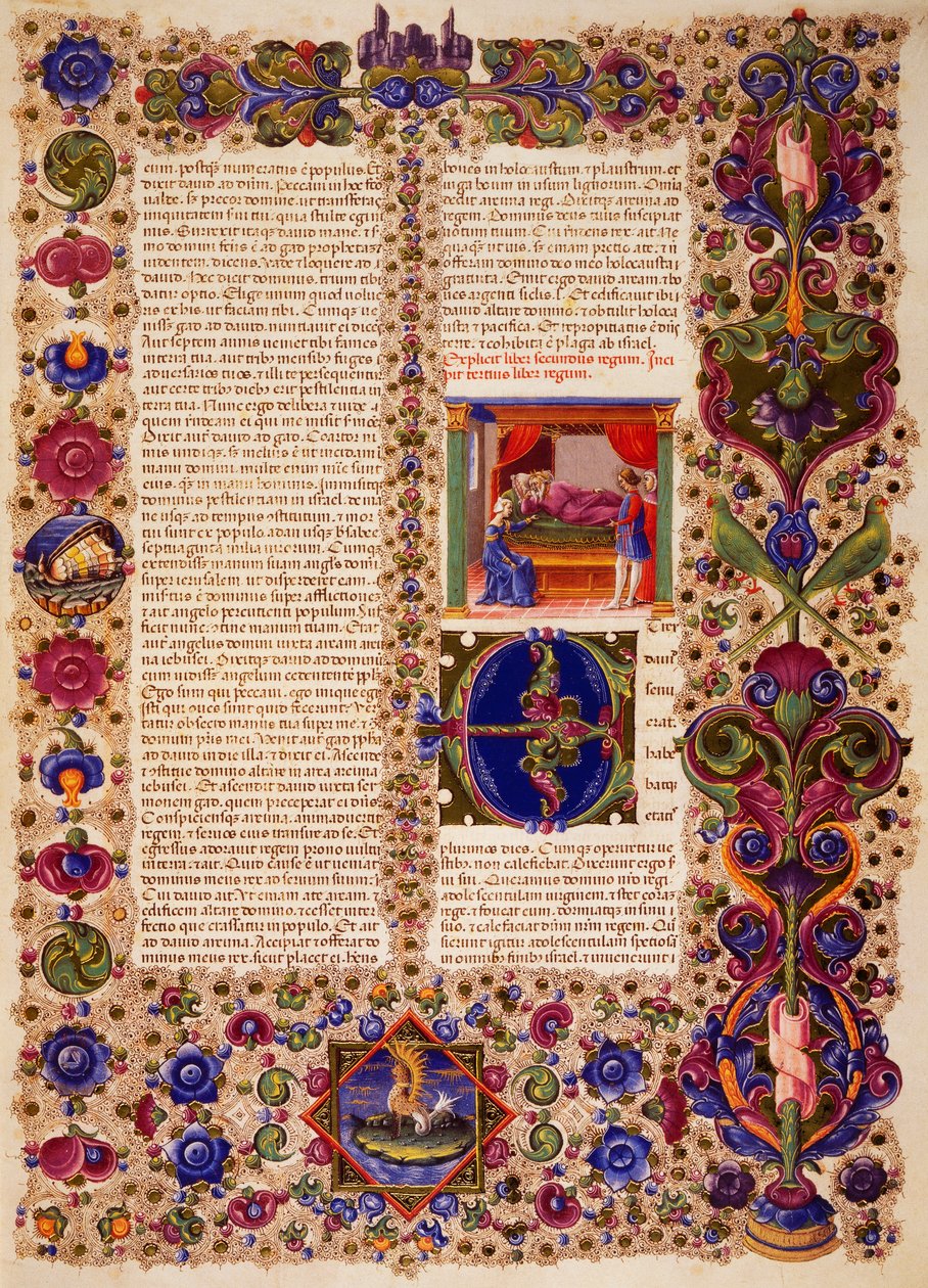 بداية من كتاب الملوك الأول ، من المجلد الأول من الكتاب المقدس لبورسو ديست ، زخرفه تادو كريفيللي (1425-1479) وآخرون ، مخطوطة لاتينية 422-423 ، الصحيفة 139 ، ظهر ، مخطوطة برشمان بواسطة تاديو كريفيلي