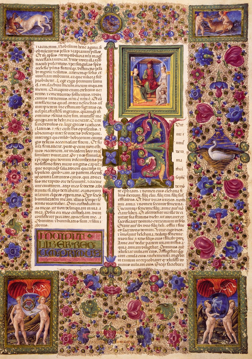 بداية من كتاب صموئيل الأول ، من المجلد الأول من الكتاب المقدس لبورسو ديست ، زخرفه تادو كريفيللي (1425-1479) وآخرون ، مخطوطة لاتينية 422-423 ، الصحيفة 112 ، ظهر ، مخطوطة برشمان بواسطة تاديو كريفيلي