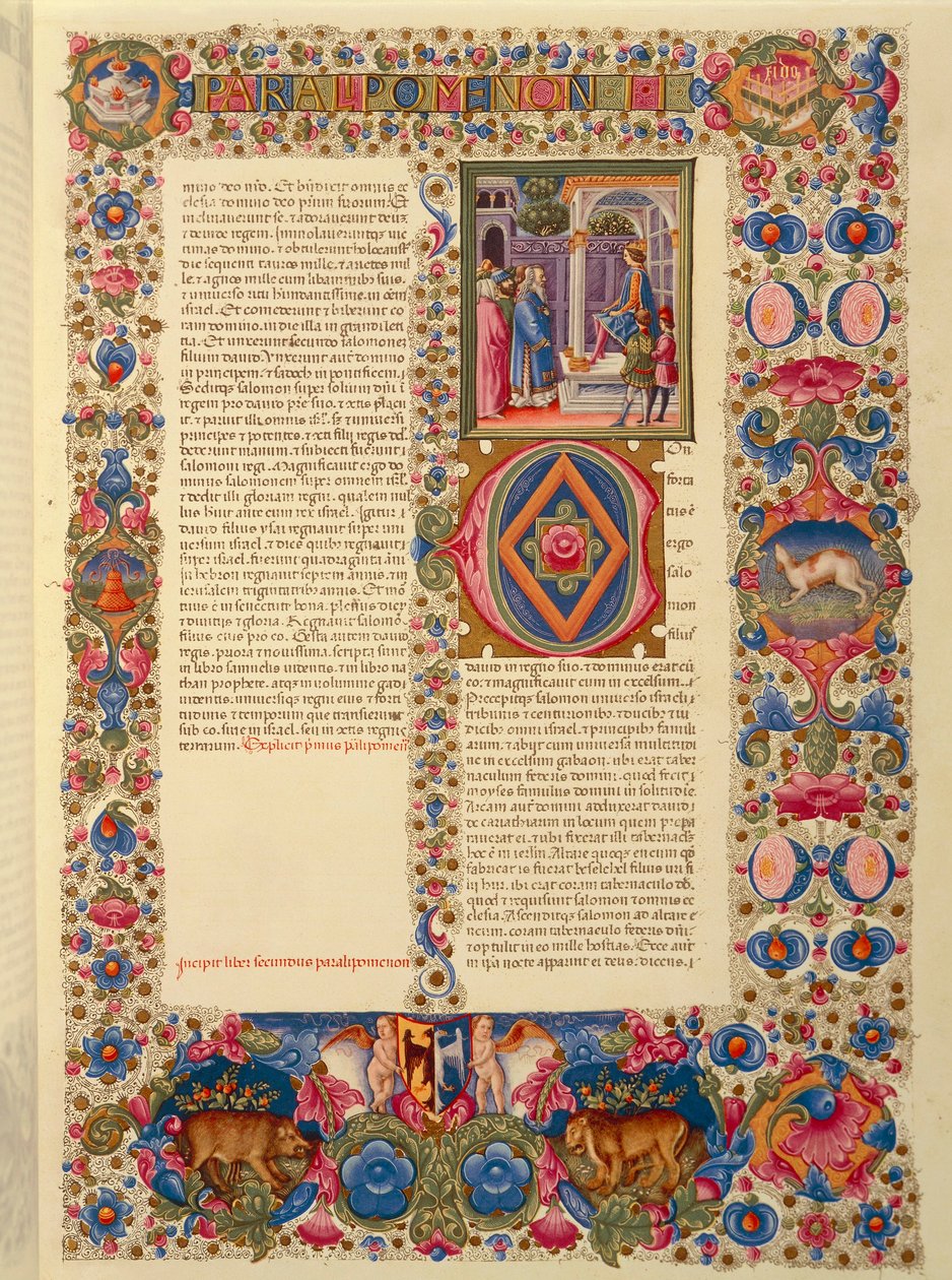 إيطاليا ، بداية الكتاب الثاني من أخبار الأيام ، أو منمنمة Paralipomenon II من الكتاب المقدس اللاتيني لـ Borso d'Este (1413-1471) بواسطة Taddeo Crivelli (1425-1479) والمساعدين (المجلد 1 ، الصحيفة 179 ، وجه الصفحة) بواسطة تاديو كريفيلي