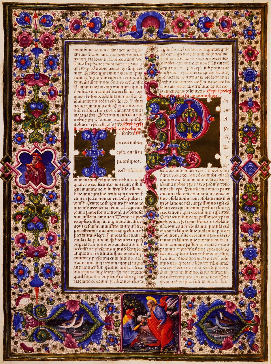 رسالة بولس الأولى إلى كورنثوس ، من المجلد الثاني من الكتاب المقدس لبورسو ديست ، منارة بواسطة تادو كريفيللي (1425-1479) وآخرون ، مخطوطة لاتينية 422-423 ، الصحيفة 195 ، ظهر ، مخطوطة بواسطة تاديو كريفيلي
