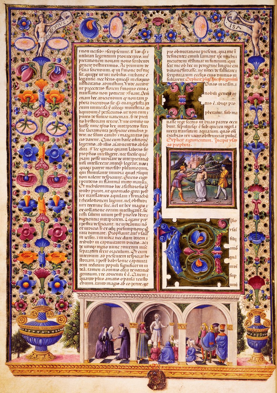 مقدمة للكتب النبوية ، من المجلد الثاني من الكتاب المقدس لبورسو ديست ، منارة بواسطة تادو كريفيلي (1425-1479) وآخرون ، مخطوطة لاتينية 422-423 ، الصحيفة 3 ، ظهر ، مخطوطة بواسطة تاديو كريفيلي