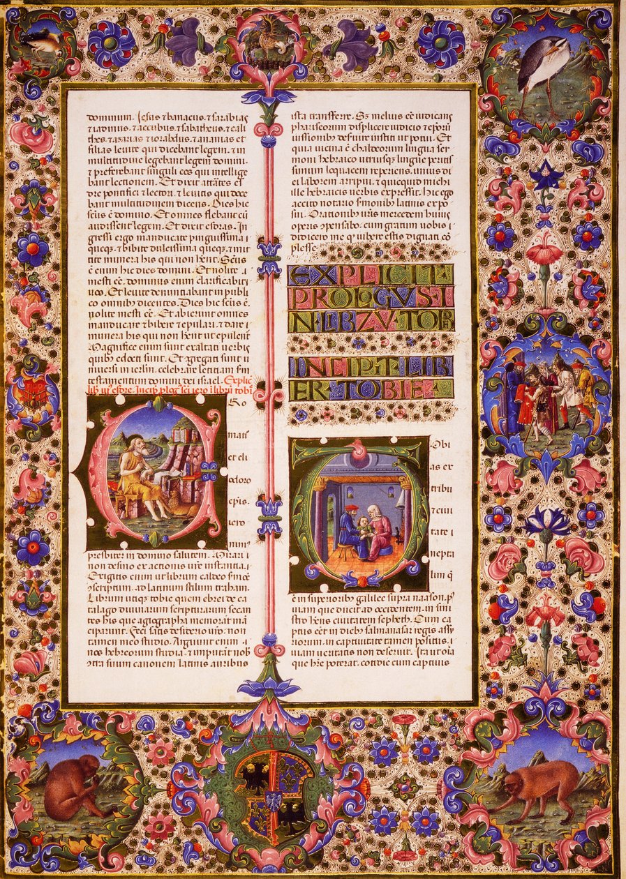 كتاب توبياس ، من المجلد الأول من الكتاب المقدس لبورسو ديست ، زخرفه تادو كريفيلي (1425-1479) وآخرون ، مخطوطة لاتينية 422-423 ، الصحيفة 212 ، ظهر ، مخطوطة برشمان بواسطة تاديو كريفيلي