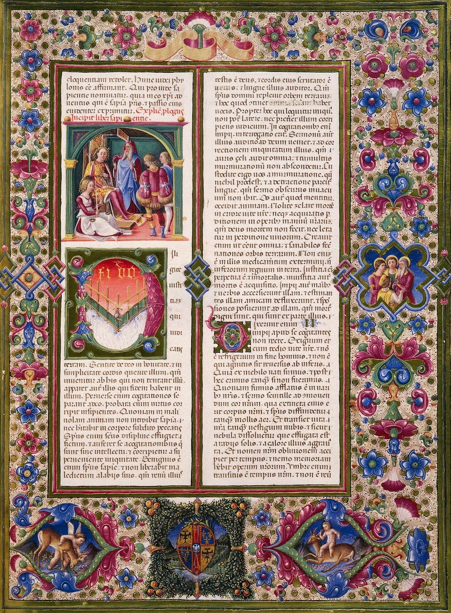 كتاب الحكمة ، من المجلد الأول من الكتاب المقدس لبورسو ديست ، زخرفه تادو كريفيللي (1425-1479) وآخرون ، مخطوطة لاتينية 422-423 ، الصحيفة 286 ، ظهر ، مخطوطة برشمان بواسطة تاديو كريفيلي