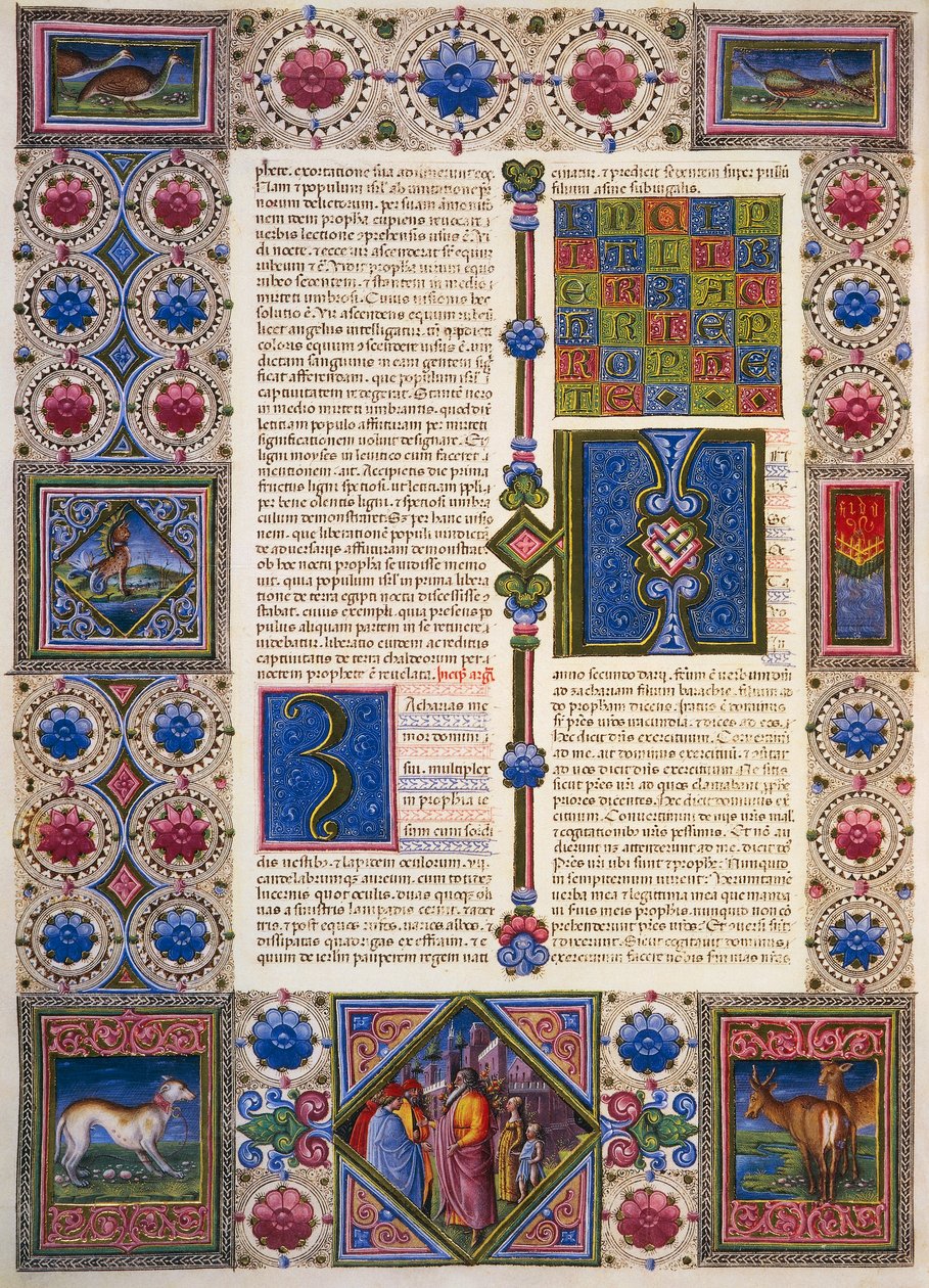 كتاب زكريا ، من المجلد الثاني من الكتاب المقدس لبورسو ديست ، زخرفه تادو كريفيلي (1425-1479) وآخرون ، مخطوطة لاتينية 422-423 ، الصحيفة 104 ، ظهر ، مخطوطة بواسطة تاديو كريفيلي