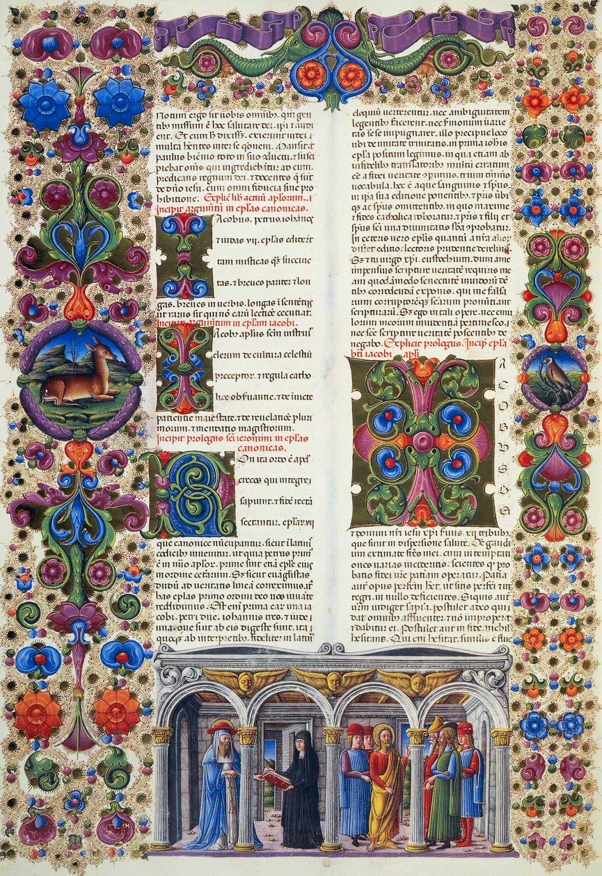 رسالة جيمس ، المجلد الثاني من الكتاب المقدس لبورسو ديست ، زخرفه تادو كريفيلي (1425-1479) ومؤلفون آخرون ، مخطوطة لاتينية 422-423 ، الصحيفة 229 ، ظهر الصفحة ، مخطوطة برشمان بواسطة تاديو كريفيلي