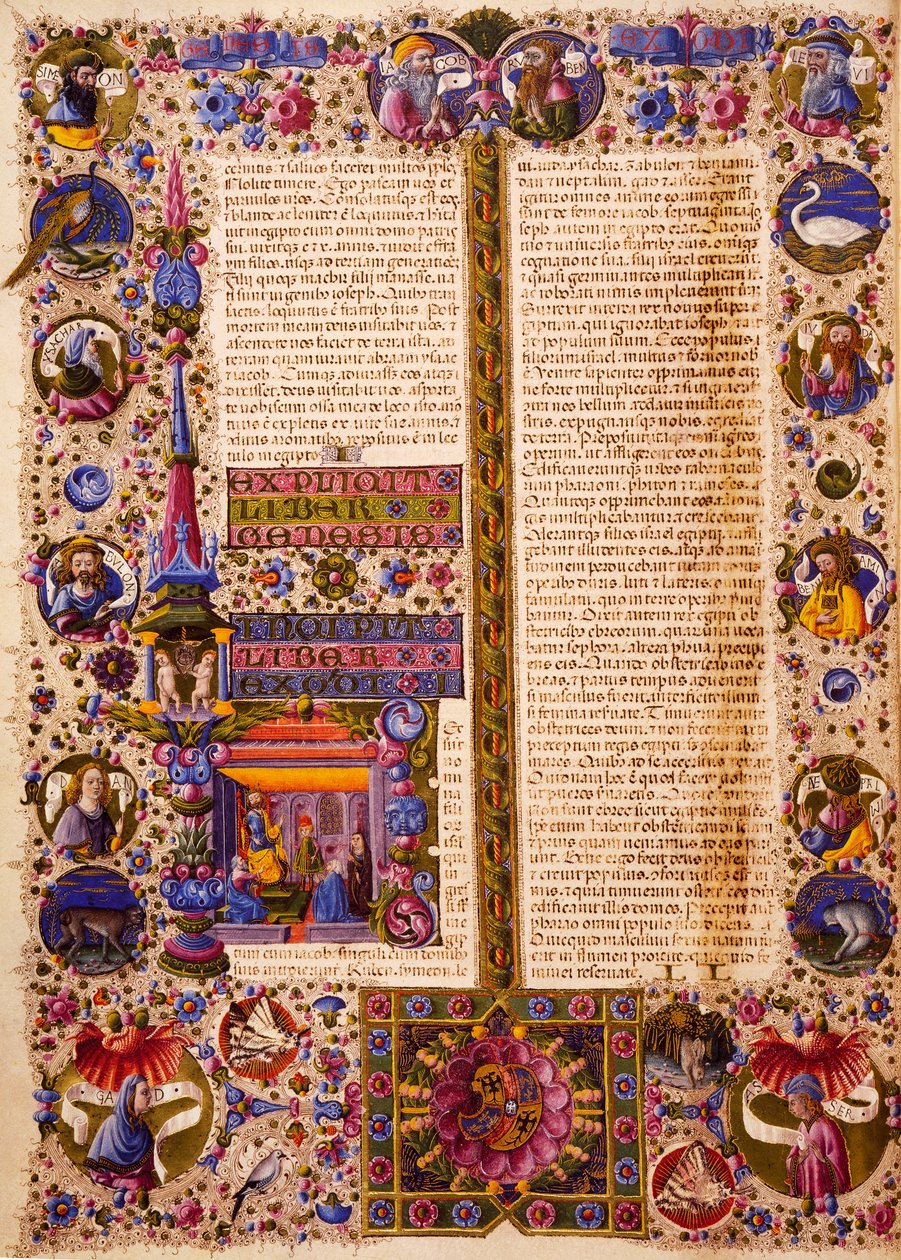 كتاب الخروج ، من المجلد الأول من الكتاب المقدس لبورسو ديست ، زخرفه تادو كريفيلي (1425-1479) وآخرون ، مخطوطة لاتينية 422-423 ، الصحيفة 26 ، ظهر ، مخطوطة بواسطة تاديو كريفيلي