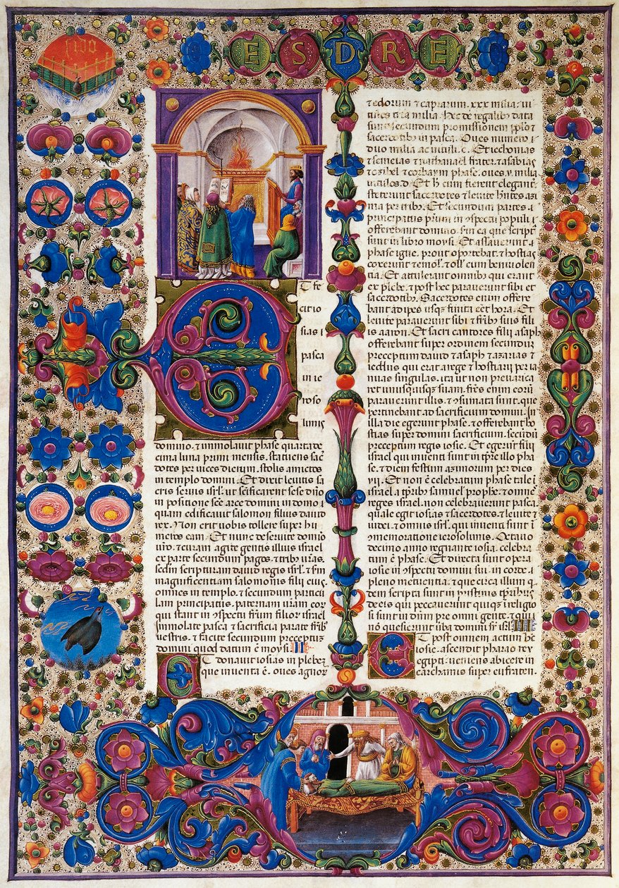كتاب الخروج ، من المجلد الأول من الكتاب المقدس لبورسو ديست ، زخرفه تادو كريفيلي (1425-1479) ومؤلفون آخرون ، مخطوطة لاتينية 422-423 ، الصحيفة 205 ، ظهر ، مخطوطة بواسطة تاديو كريفيلي