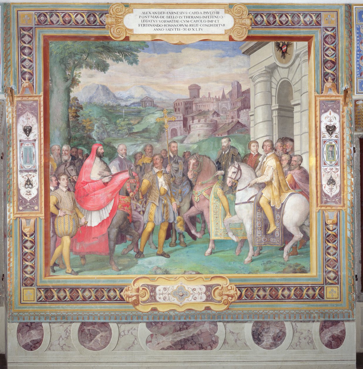 تشارلز الخامس (1500-58) مع أليساندرو فارنيسي (1546-1592) في الديدان ، من "Sala dei Fasti Farnese" (Hall of Splendors of the Farnese) 1557-66 (انظر أيضًا 156715) بواسطة تديو زوكاري