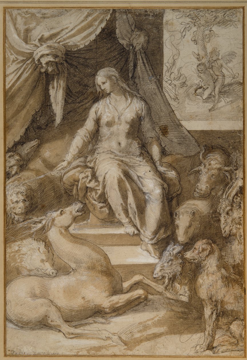 Circe seated, the bewitched Argonauts transmogrified (black chalk with brown wash & white body colour on paper) بواسطة تاديو زوكارو