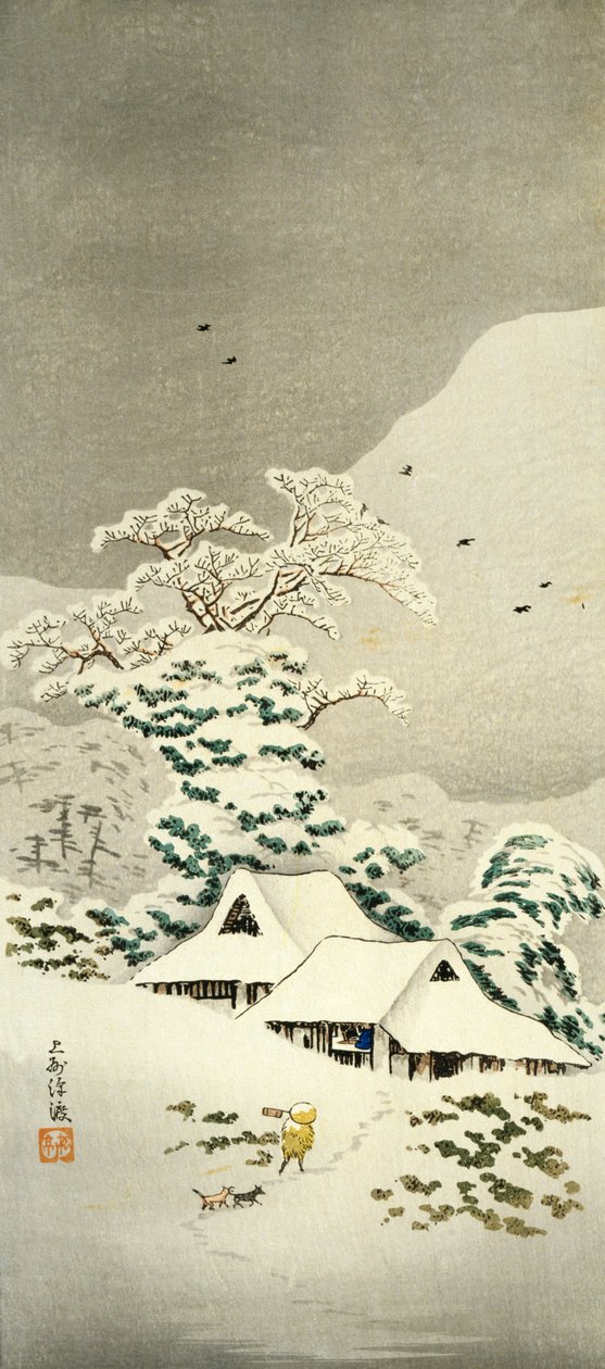 مشهد من الثلج في Sawatari في مقاطعة Joshu ، حوالي عام 1930 ، بواسطة Takahashi Shotei (1871-1945) ، نقش خشبي على شكل o-tanzaku ، 38.1 × 17.1 سم ، الحضارة اليابانية ، فترة ميجي-شوا بواسطة تاكاهاشي شوتي