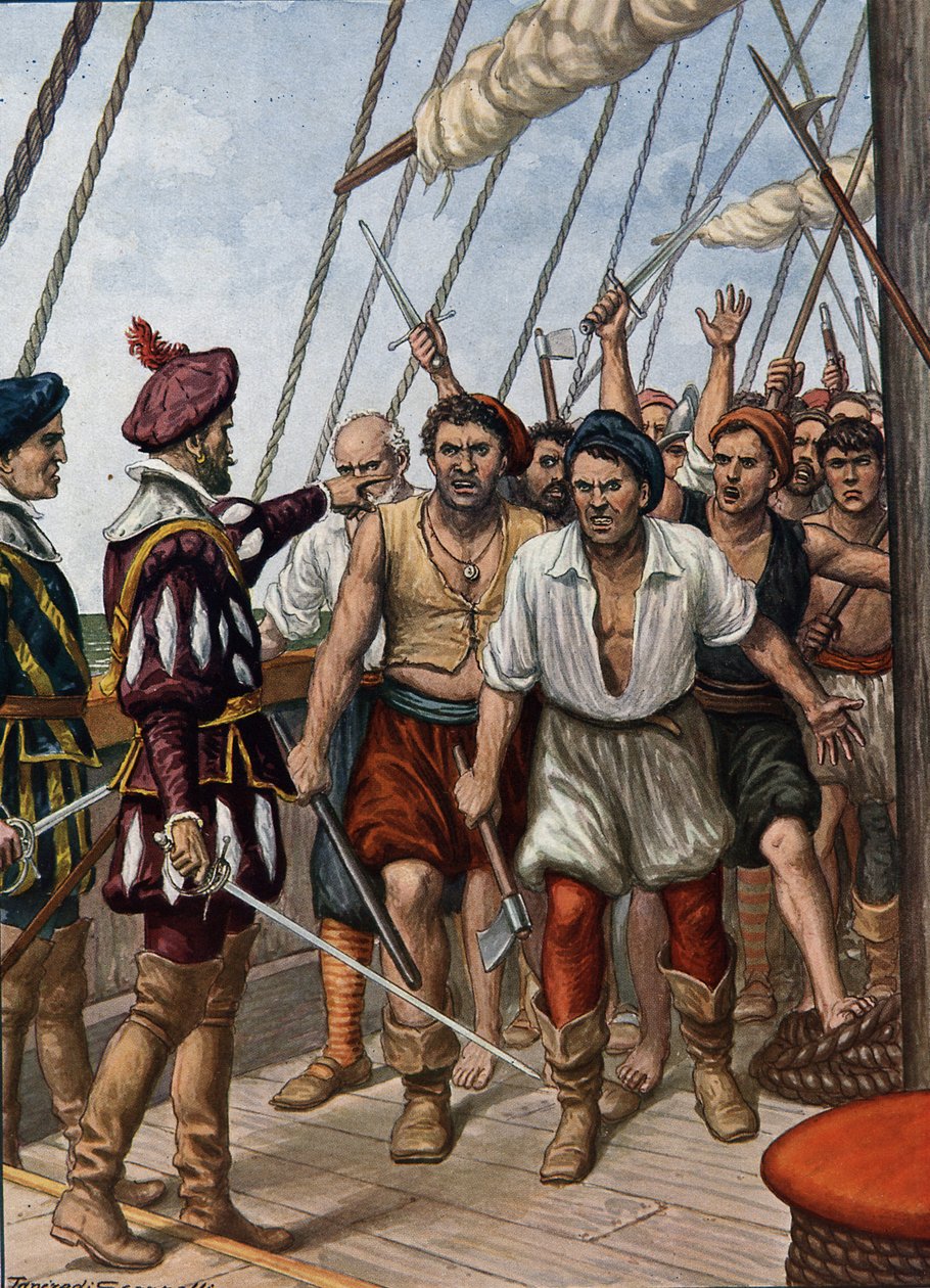 تمرد طاقم البرتغالي فلور دي لا مار ، ضد جنرالهم ، أفونسو دي ألبيركيه في c.1511 ، التوضيح من "تاريخ الملاحين" ، 1936 بواسطة تانكريدي سكاربيللي