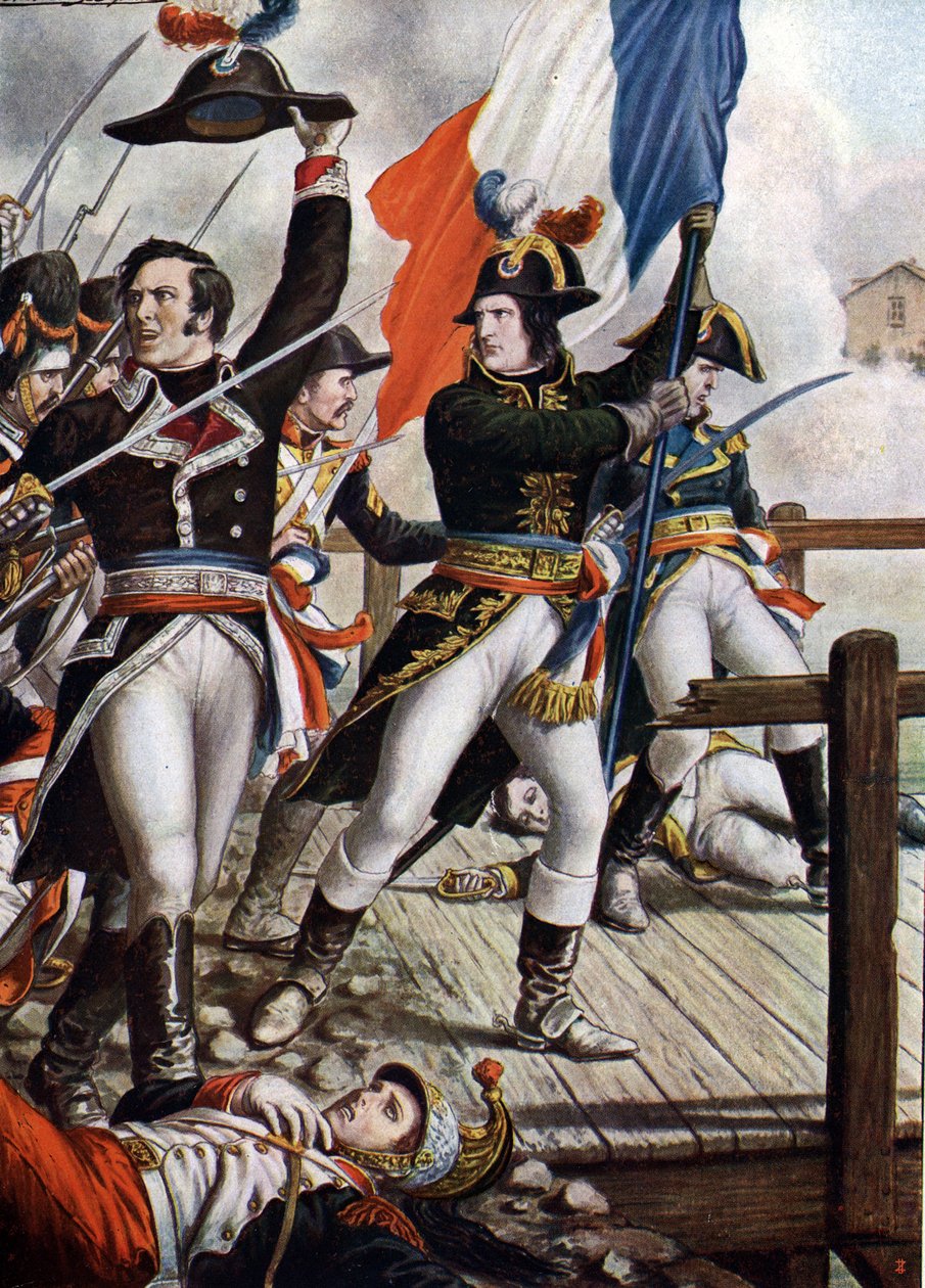 الحملة الإيطالية الأولى: نابليون بونابرت (1769-1821) في معركة جسر أركول ، نوفمبر 1796 "(نابليون بونابرت أثناء معركة جسر أركول (أركولا) ، نوفمبر 1796) رسم تانكريدي سكاربيللي (1866-1937) من Storia بواسطة تانكريدي سكاربيللي