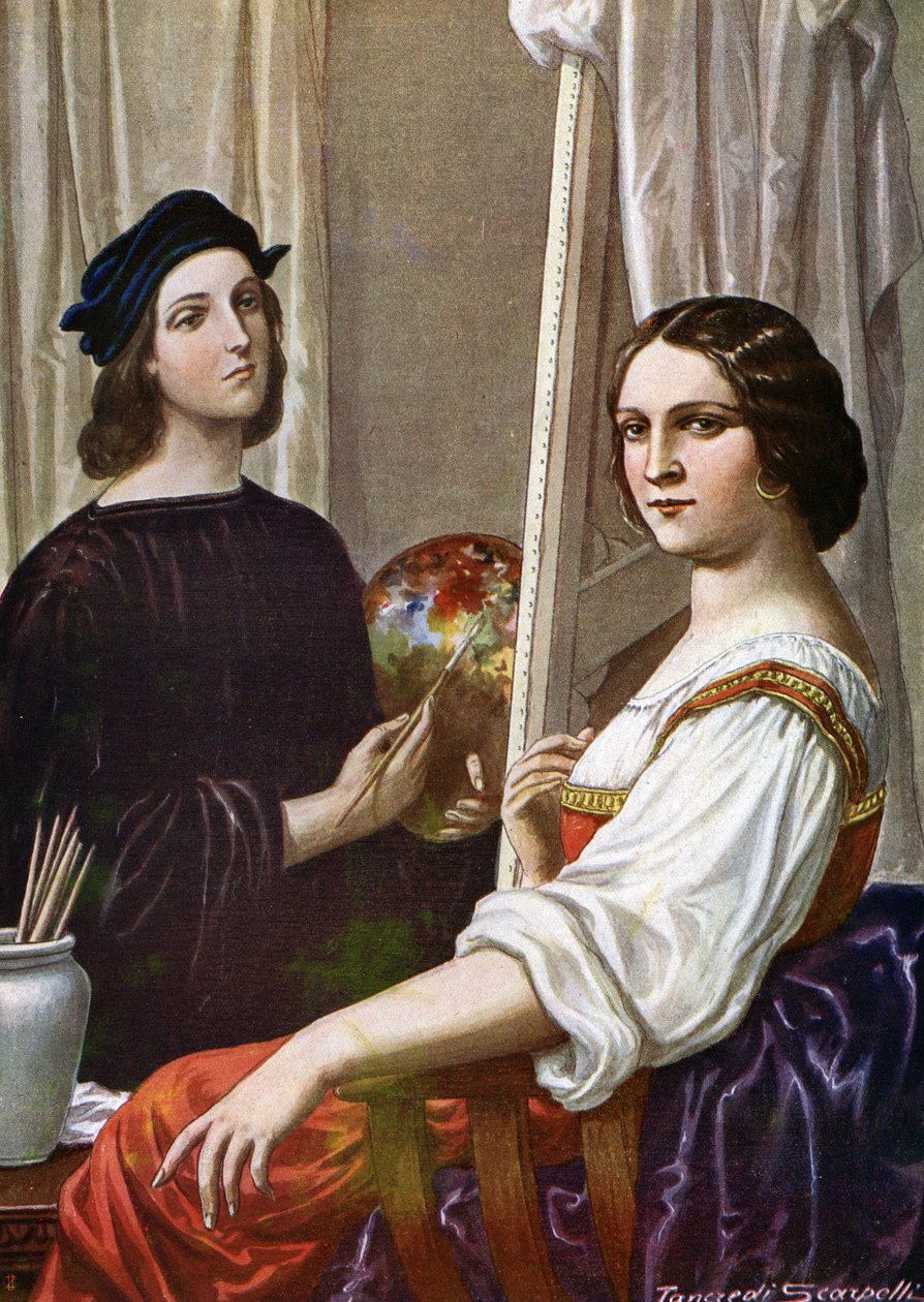صورة للرسام رافائيل (رافائيل سانزيو 1483-1520) رسم فورنارينا (الرسام الإيطالي رافائيل والسيدة الشابة المسماة فورنارينا) رسم تانكريدي سكاربيللي (1866-1937) من "ستوريا ديتاليا" (تاريخ إيطاليا) للباولو جيودي بواسطة تانكريدي سكاربيللي