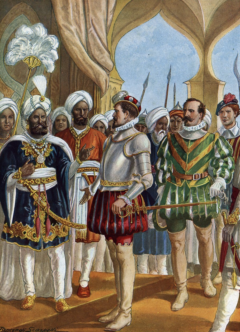 الملاح البرتغالي بيدرو ألفاريس كابرال (1460-1526) في بلاط ملك كاليكوت (زامورين) (كوزيكود) في 13/09/1500 للتفاوض بشأن إنشاء عداد ، الهند (الملاح البرتغالي بيدرو ألفاريس كابرال يتفاوض مع زامورين في كالي بواسطة تانكريدي سكاربيللي