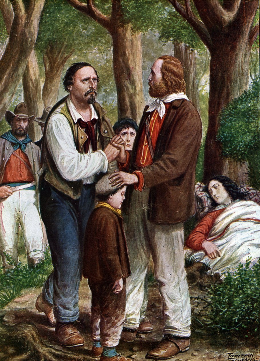 Risorgimento: جوزيبي غاريبالدي، وطني إيطالي (1807-1882) congedie Angelo Brunetti dit Ciceruacchio a la mort d'Anita، أغسطس 1849"" (الوطني الإيطالي جوزيبي غاريبالدي يغادر أنجيلو برونيتي المسمى Ciceruacchio بينما تحتضر أنيتا، أغسطس 1849) توضيح بواسطة تانكريدي سكاربيللي