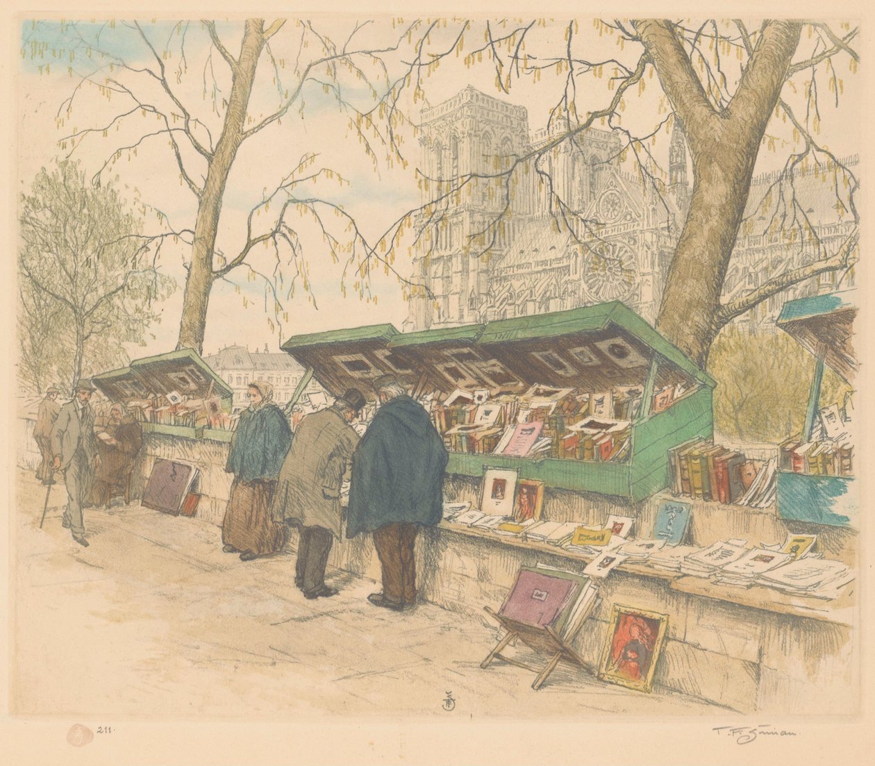 أكشاك الكتب في Quai de Montebello ، Notre-Dame في الخلفية بواسطة تافيك فرانتيشك سيمون (بتوقيع الفنان)