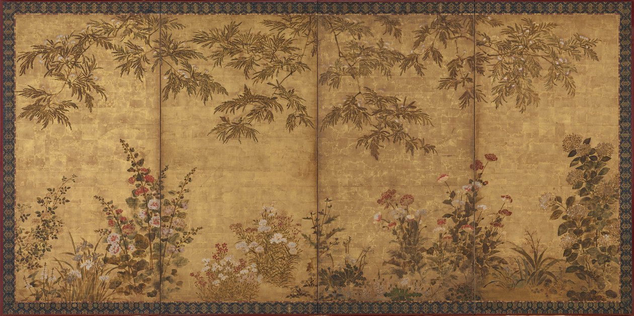 شجرة الميموزا ، الخشخاش وأزهار الصيف الأخرى ، فترة إيدو ، 1630-1670. بواسطة Tawaraya Sosetsu