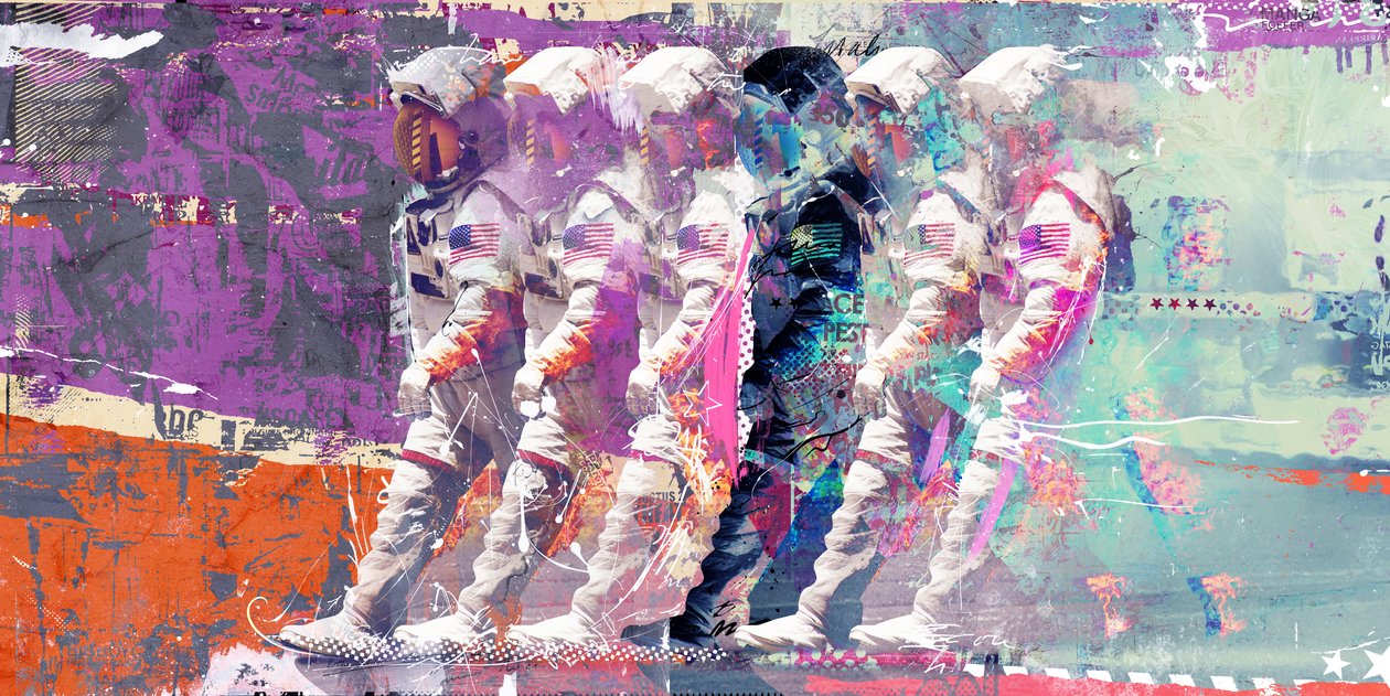 رائد فضاء Moonwalk ، 2015 (وسائط مختلطة على قماش) بواسطة تيس ألبرز
