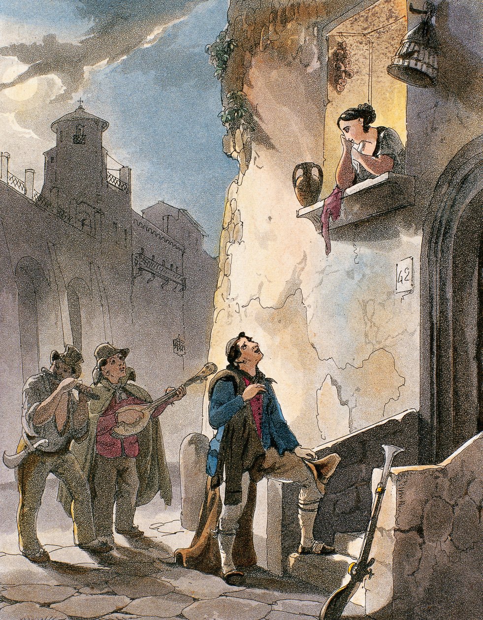 Serenade ، رسم توضيحي من الأزياء والمشاهد الشعبية لنابولي بواسطة Achille Vianelli ، حوالي عام 1830 (أكواتينت) بواسطة تيودورو جوجليلمو ويتنج