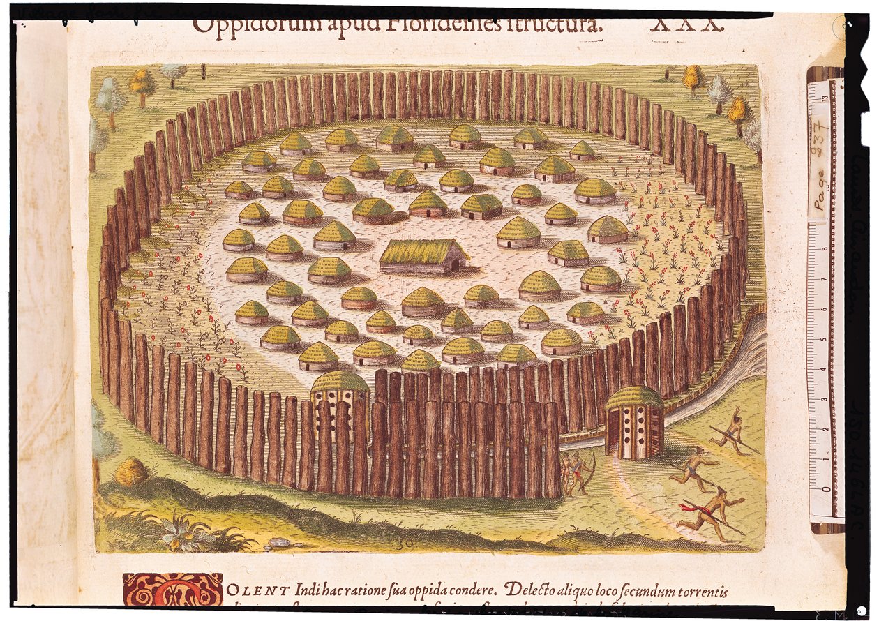 القرية الهندية المحصنة ، من "Brevis Narratio ..." ، التي نشرتها Theodore de Bry ، 1591 (تفاصيل 180137) بواسطة بعد لو موين ، جي براي