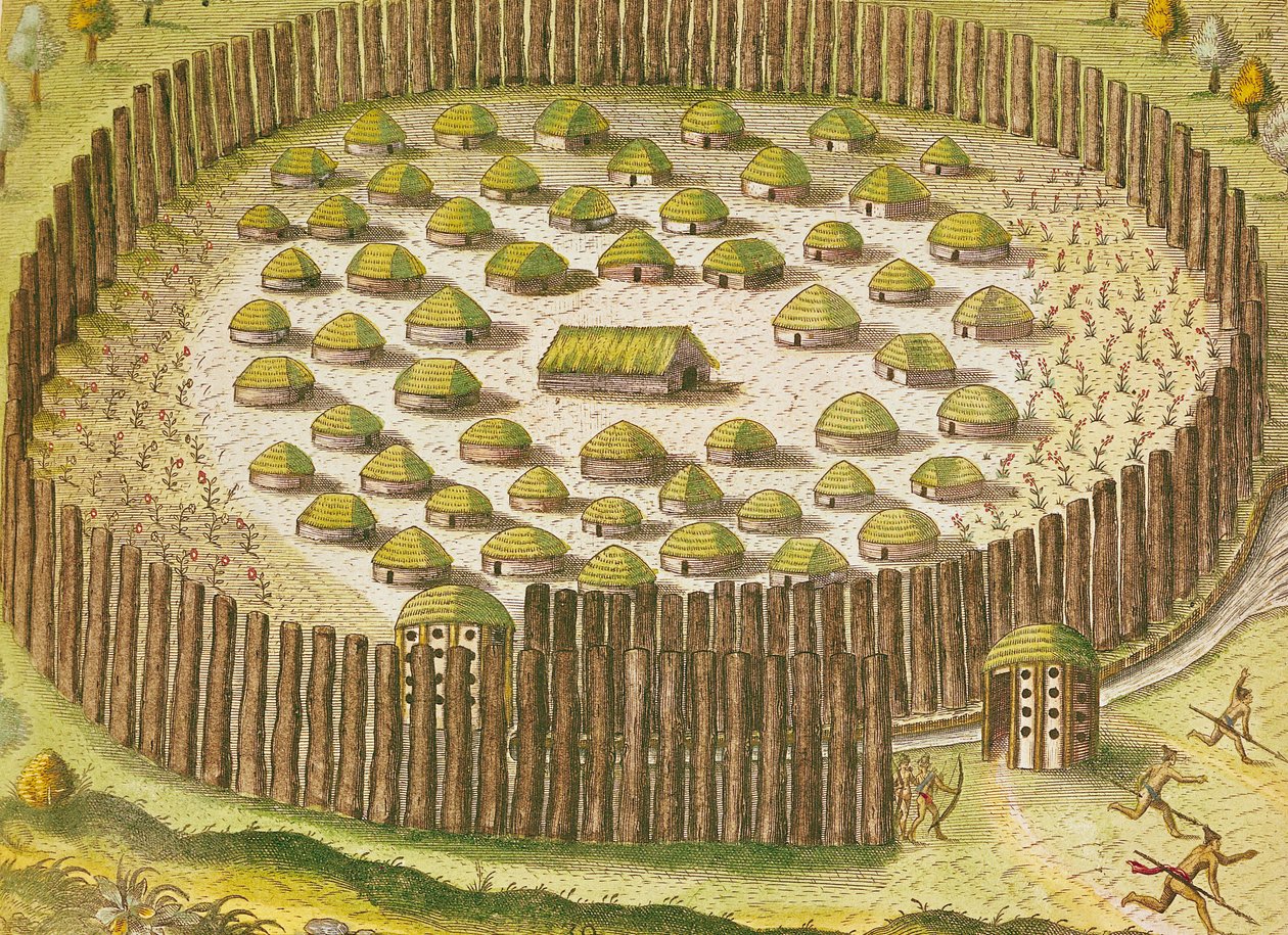 قرية هندية محصنة ، من "Brevis Narratio ..." ، نشرها Theodore de Bry ، 1591 (انظر 159355 لمزيد من التفاصيل) بواسطة بعد لو موين ، جي براي