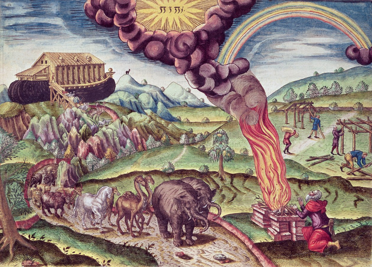سفينة نوح ، رسم توضيحي من "Brevis Narratio ..." ، نشره Theodore de Bry ، 1591 بواسطة بعد لو موين ، جي براي