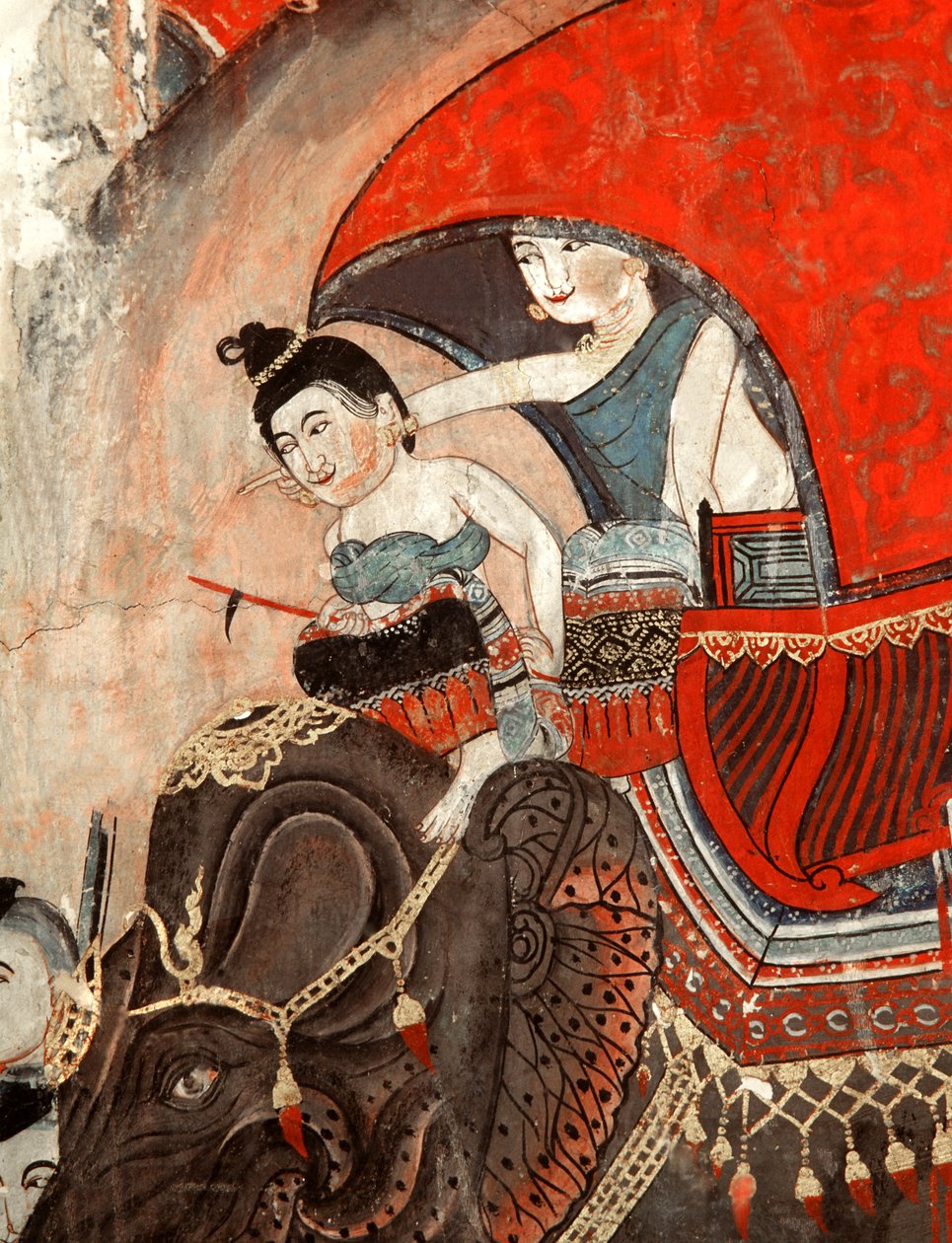 أميرة ومرافقة ركوب فيل (جدارية) بواسطة المدرسة التايلاندية