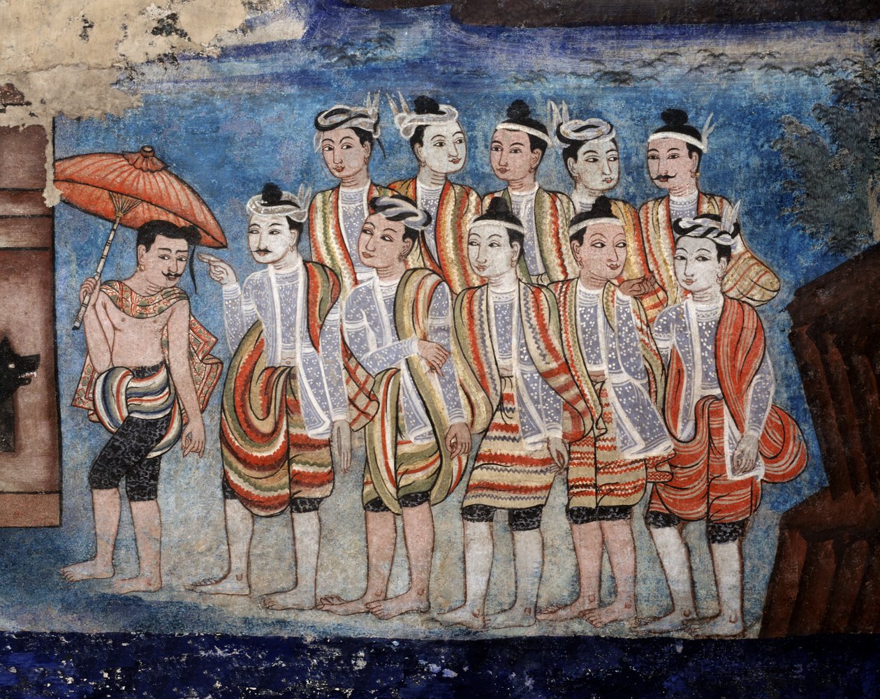 مجموعة من رجال تاي ياي (شان) ، تفاصيل جداريات فيهارن لايكام تصور حكايات سانغ ثونغ (جدارية) بواسطة المدرسة التايلاندية
