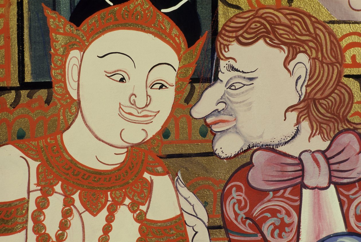 رسم معاصر على الطراز الكلاسيكي يظهر التايلانديين والغربيين (مرحاض وذهب على ورق) بواسطة المدرسة التايلاندية