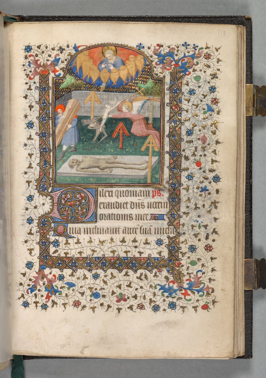 كتاب ساعات استخدام باريس: Fol. 118 و ، الملاك والشيطان القتال على الروح ، ج. 1420. بواسطة سيد بيدفورد