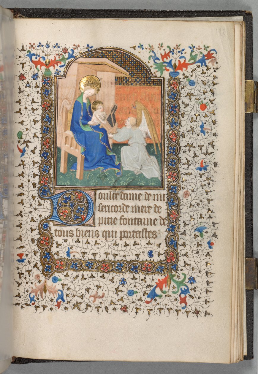 كتاب ساعات استخدام باريس: Fol. 198 و مادونا والطفل مع الملاك ، ج. 1420. بواسطة سيد بيدفورد