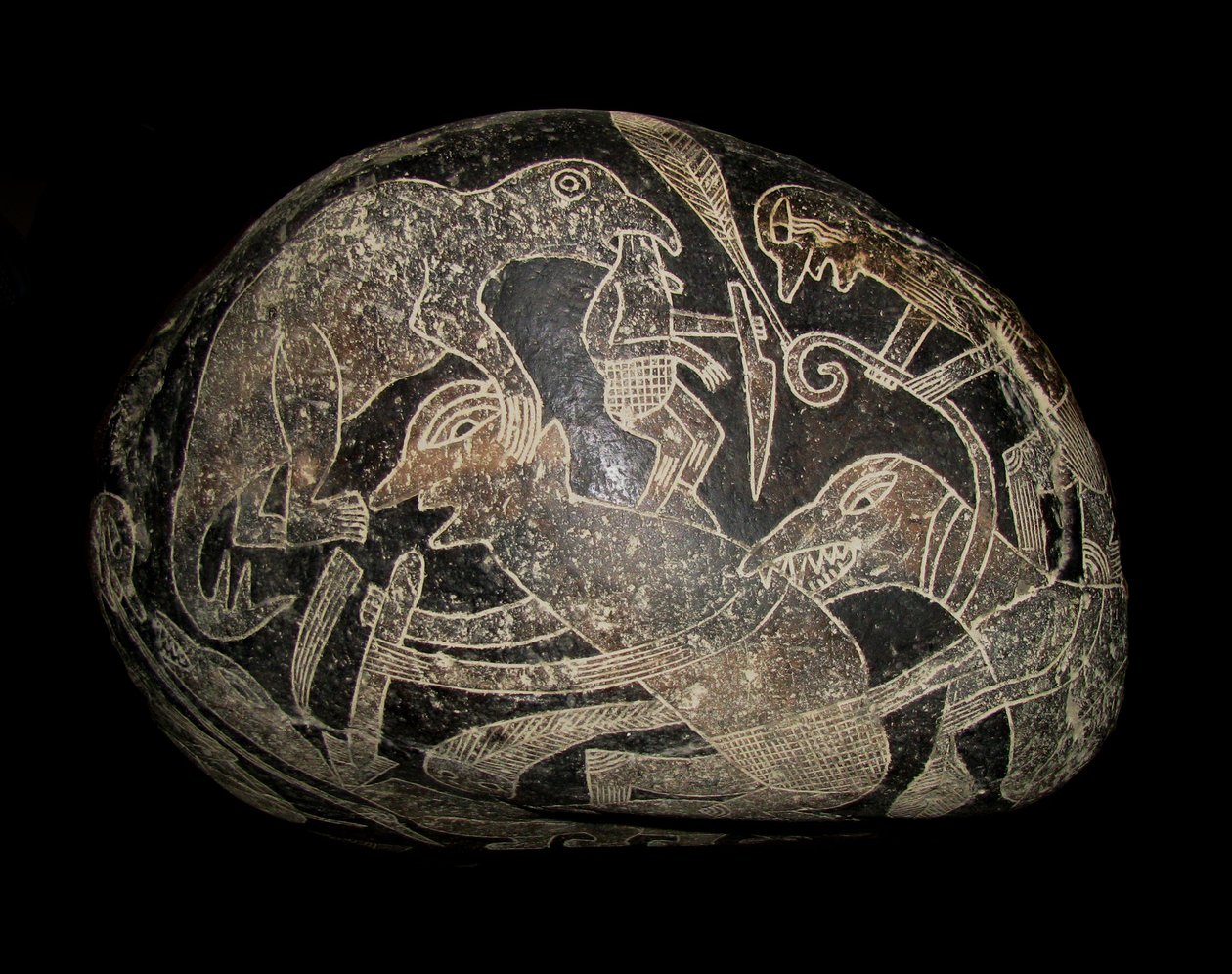 حجر ica. ديناصور يقتل رجلا. بواسطة أحجار إيكا.
