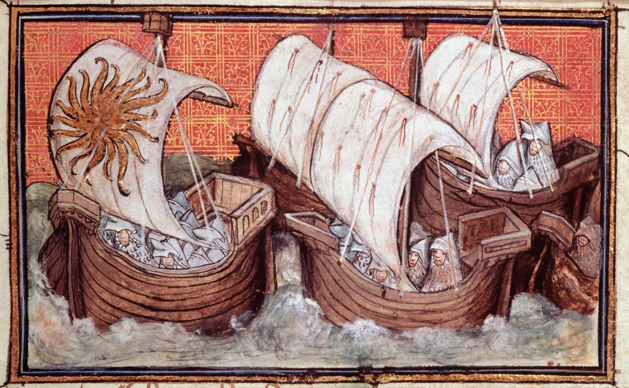 Harl 1319 f.18 رحيل أسطول ريتشارد الثاني من أيرلندا ، تاريخ ملك إنجلترا ، ريتشارد الثاني (ورق) بواسطة سيد فيرجيل