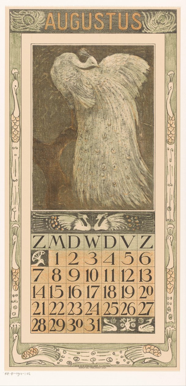 صفحة تقويم شهر أغسطس مع الطاووس الأبيض التقويم 1910 12 طباعة حجرية بواسطة Th. الخامس. Hoytema (عنوان المسلسل) بواسطة ثيو فان هويتيما