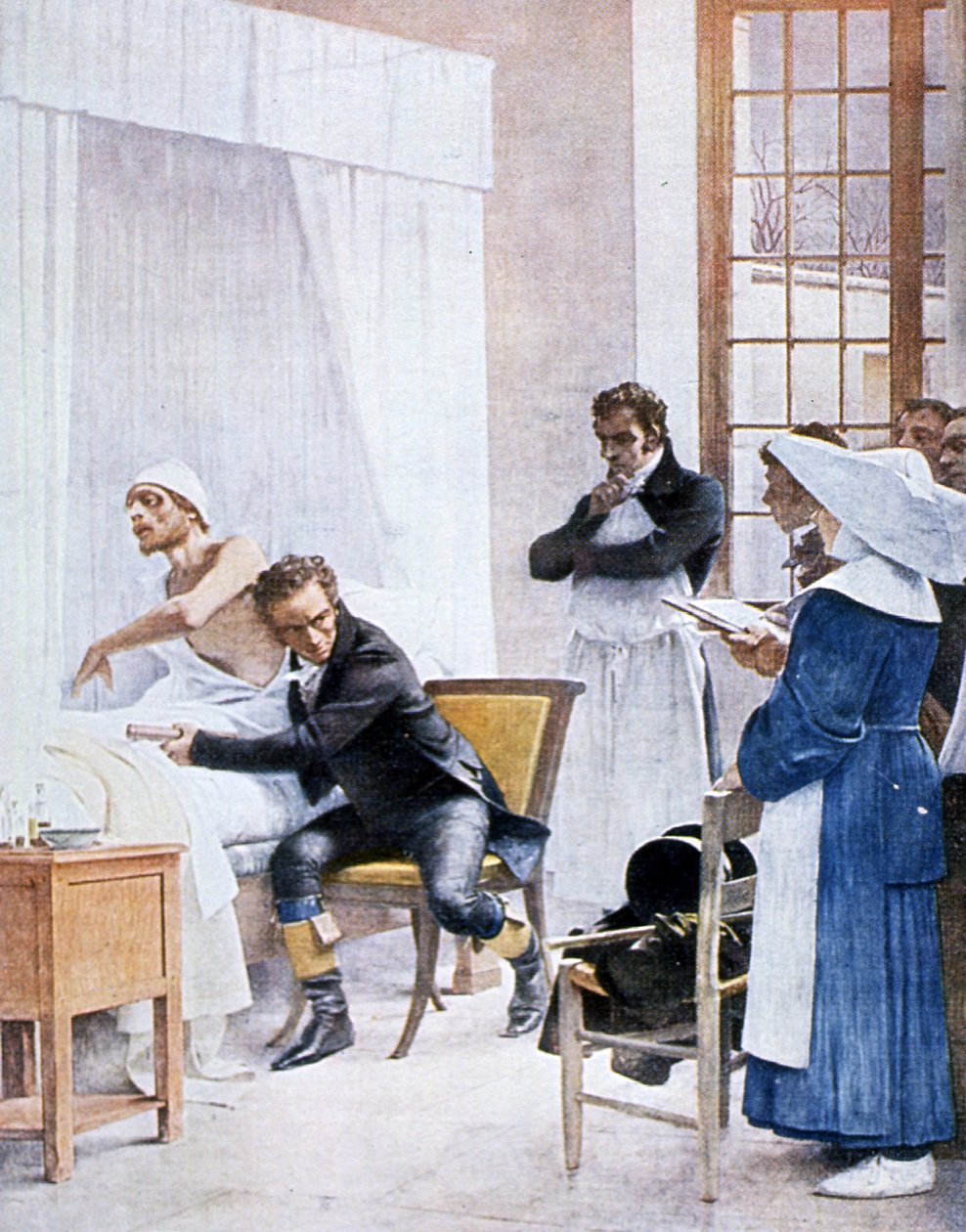 رينيه لانيك (1781-1826) يستمع إلى صدر رجل مستهلك ، في مستشفى نيكر ، 1816 بواسطة ثيوبالد شارتران