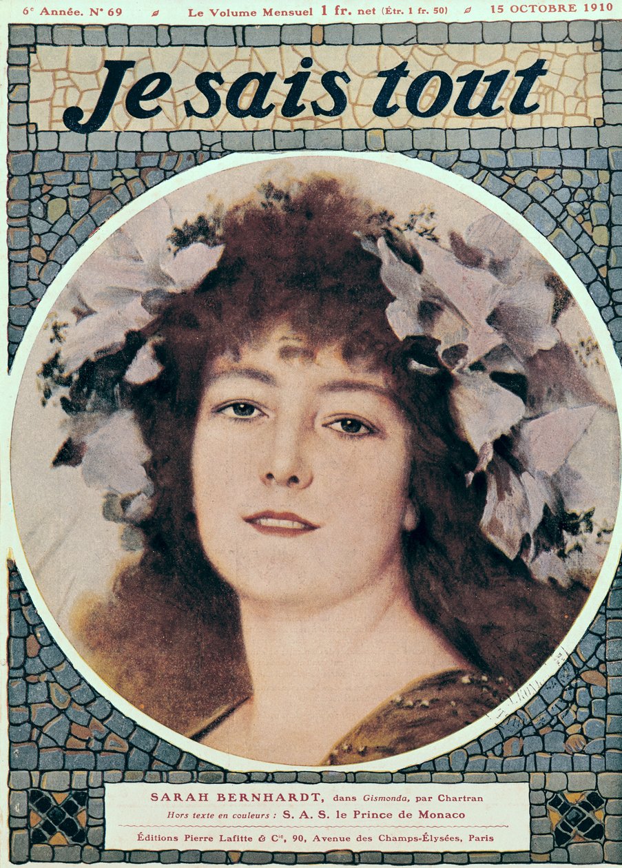 سارة برنهاردت (1844-1923) في جيسموندا بقلم فيكتوريان ساردو (1831-1908) الغلاف الأمامي لـ "Je Sais Tout" ، 15 أكتوبر 1910 بواسطة ثيوبالد شارتران