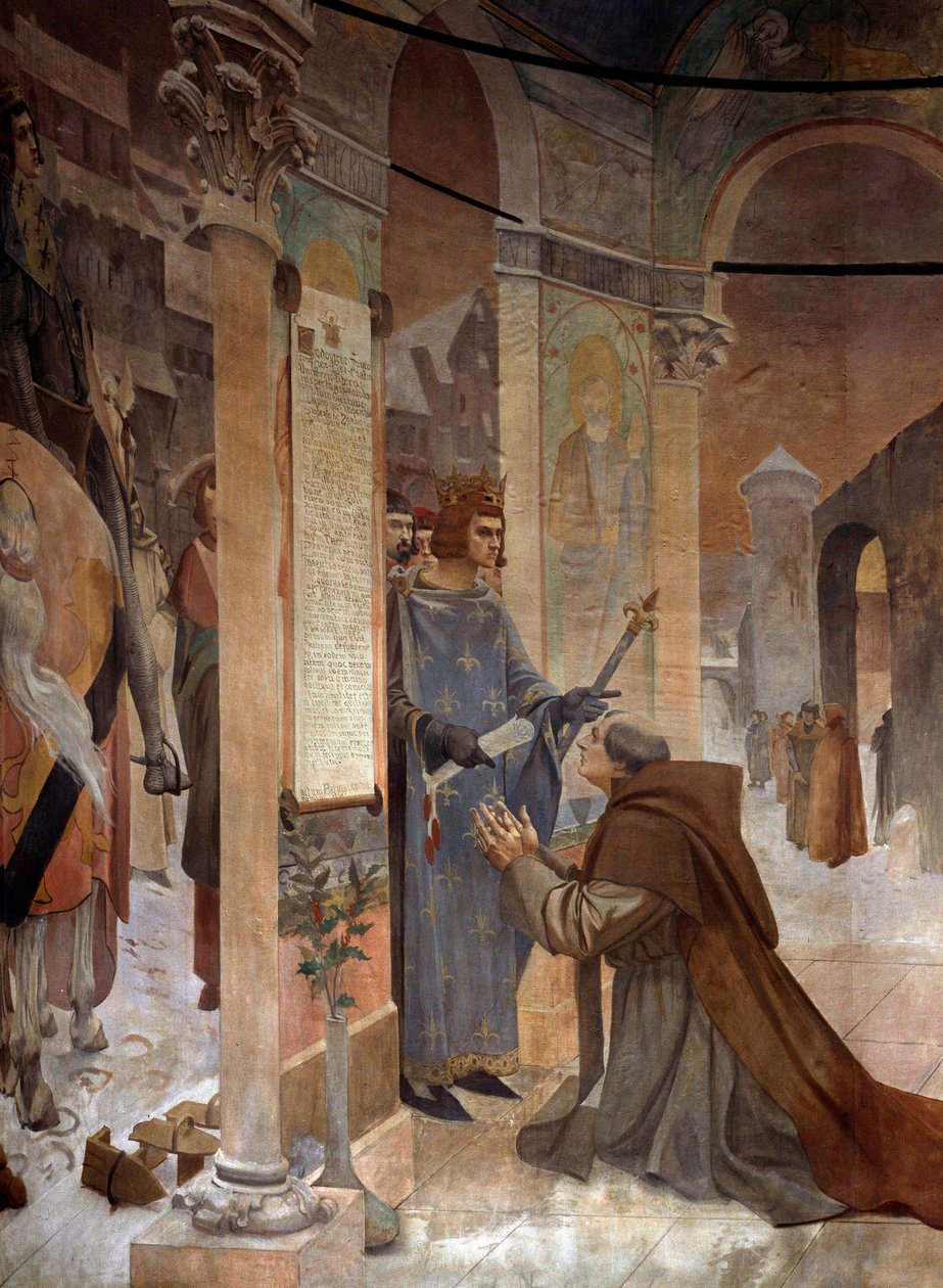King Louis IX (Saint Louis) (1214-1270) presents the Charter of Foundation of the College of Sorbonne to Robert de Sorbon (1201-1274) his confessor in 1257 Painting by Theobald Chartran (1849-1907) Paris, La Sorbonne بواسطة ثيوبالد شارتران