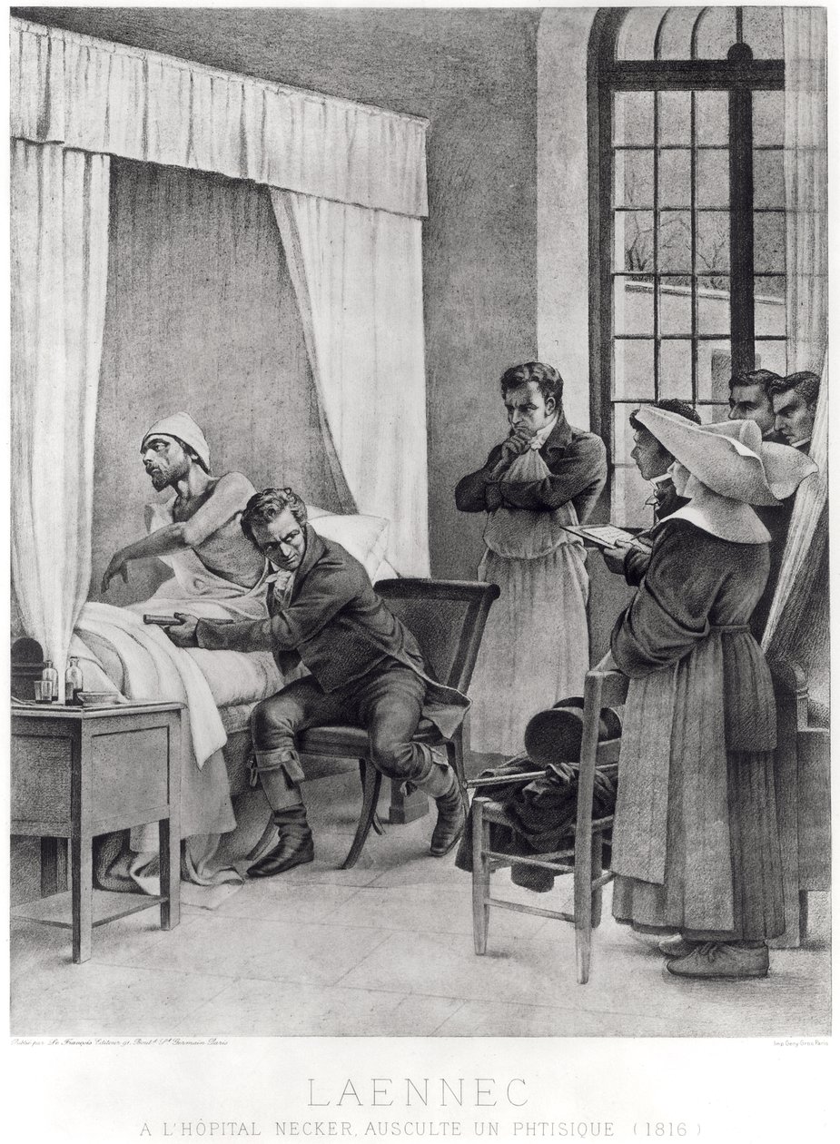 رينيه ثيوفيل Hyacinthe Laennec (1781-1826) يستمع إلى صدر رجل مع استهلاك ، 1816 بواسطة ثيوبالد شارتران