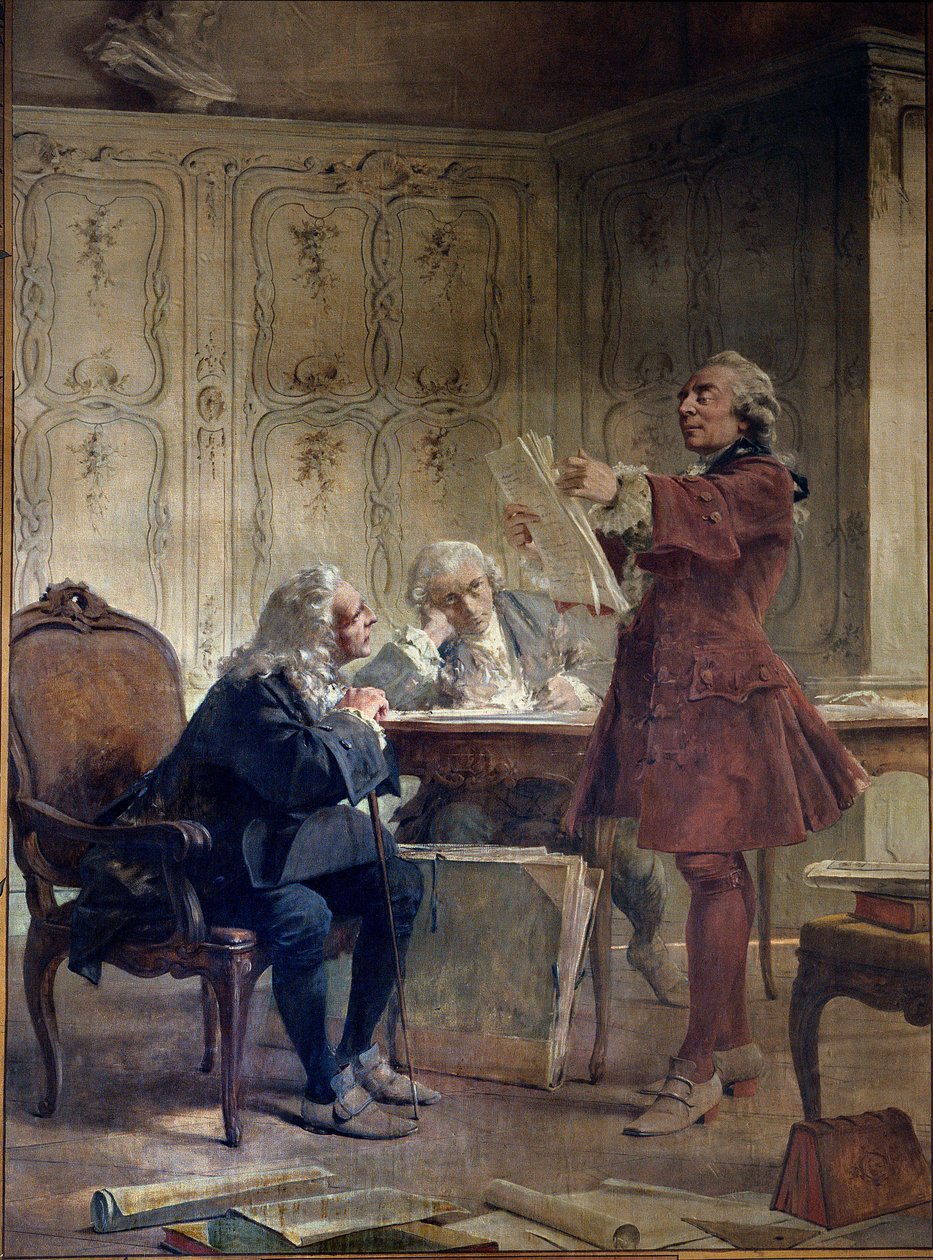 عالم الطبيعة والمشرف على Jardin du roi Georges-Louis Leclerc ، Count of Buffon (1707-1788) يقرأ الأوراق الأولى من صفقة التاريخ الطبيعي أمام عالم النبات Bernard de Jussieu (1699-1777) وعالم الطبيعة Edme-Louis دوبنتون (1732-17 بواسطة ثيوبالد شارتران
