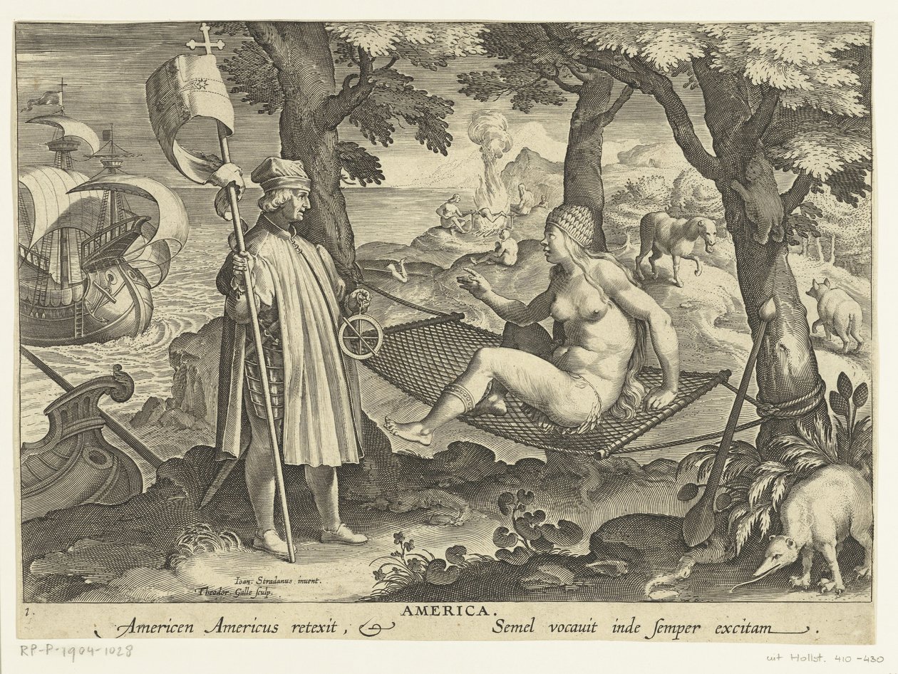 Amerigo Vespucci تطأ قدمها في أمريكا أمريكا. Americen Americus retexit. Semel vocauit inde sempre excitam (العنوان على الكائن) الاختراعات والاكتشافات الجديدة (عنوان السلسلة) نوفا ريبيرتا (عنوان المسلسل) بواسطة ثيودور جالي