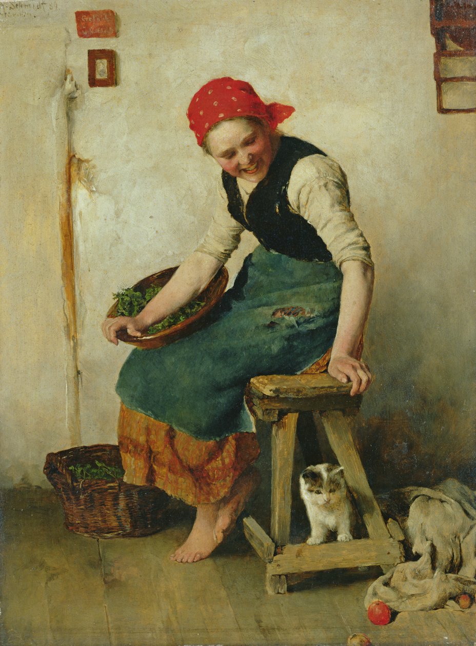 فتاة صغيرة مع قطة ، 1884 (زيت على ورق) بواسطة ثيودور شميت