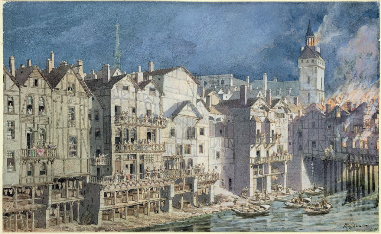 حريق في Pont aux Meuniers في 1621 (قلم وحبر ومرحاض على ورق) بواسطة تيودور جوزيف هوبرت هوفباور