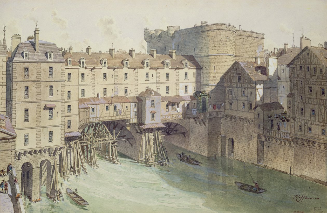 منظر ل Petit Chatelet و Petit Pont في عام 1717 ، رسم توضيحي من "باريس عبر العصور" محفور بواسطة فيليب بنويست (1813-19090) 1885 بواسطة تيودور جوزيف هوبرت هوفباور