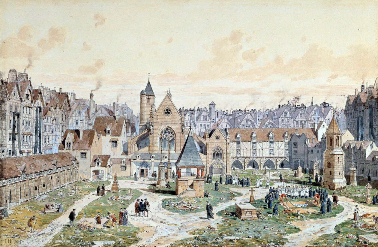 منظر لمقبرة الأبرياء في باريس عام 1550. لوحة مائية لثيودور جوزيف هوبير هوفباور (1839-1922) القرن التاسع عشر ، متحف كارنافالي في باريس بواسطة تيودور جوزيف هوبرت هوفباور