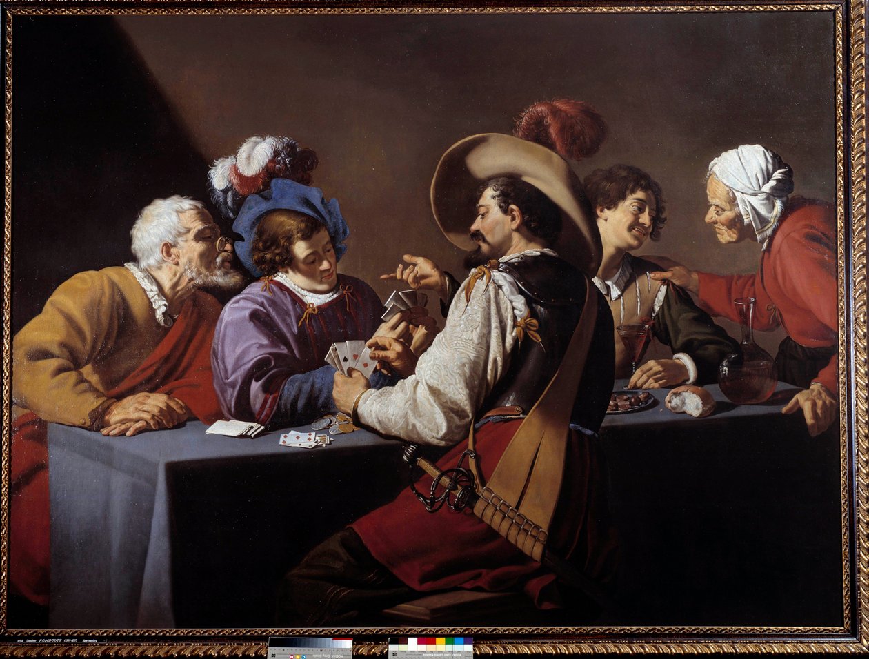 لاعبو البطاقات ، لوحة بريلان بواسطة ثيودور رومبوتس (1597-1637) شمس القرن السابع عشر. 1،52x2،06 م أنتويرب. متحف كونينكليك - لاعبو الورق "" بريلان "". لوحة لثيودور رومبوتس (1597-1637) بواسطة روايات ثيودور
