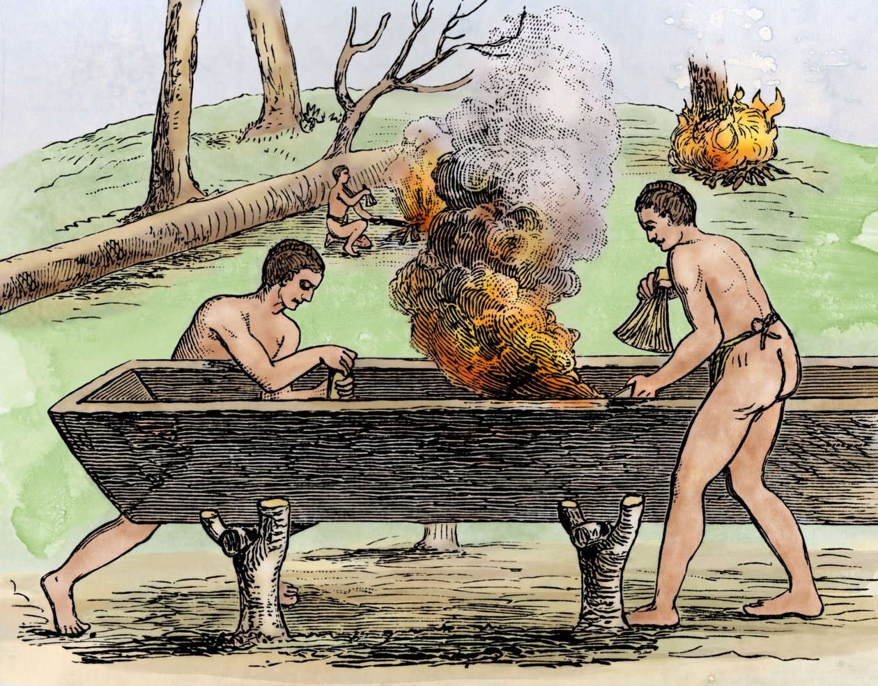 هنود يصنعون زورقًا، ويظهرون جذع شجرة بالنار ويحفرون بالأعشاب. نقش 1590 بواسطة ثيودور دي بري من القرن التاسع عشر الملون. بواسطة ثيودور دي بري