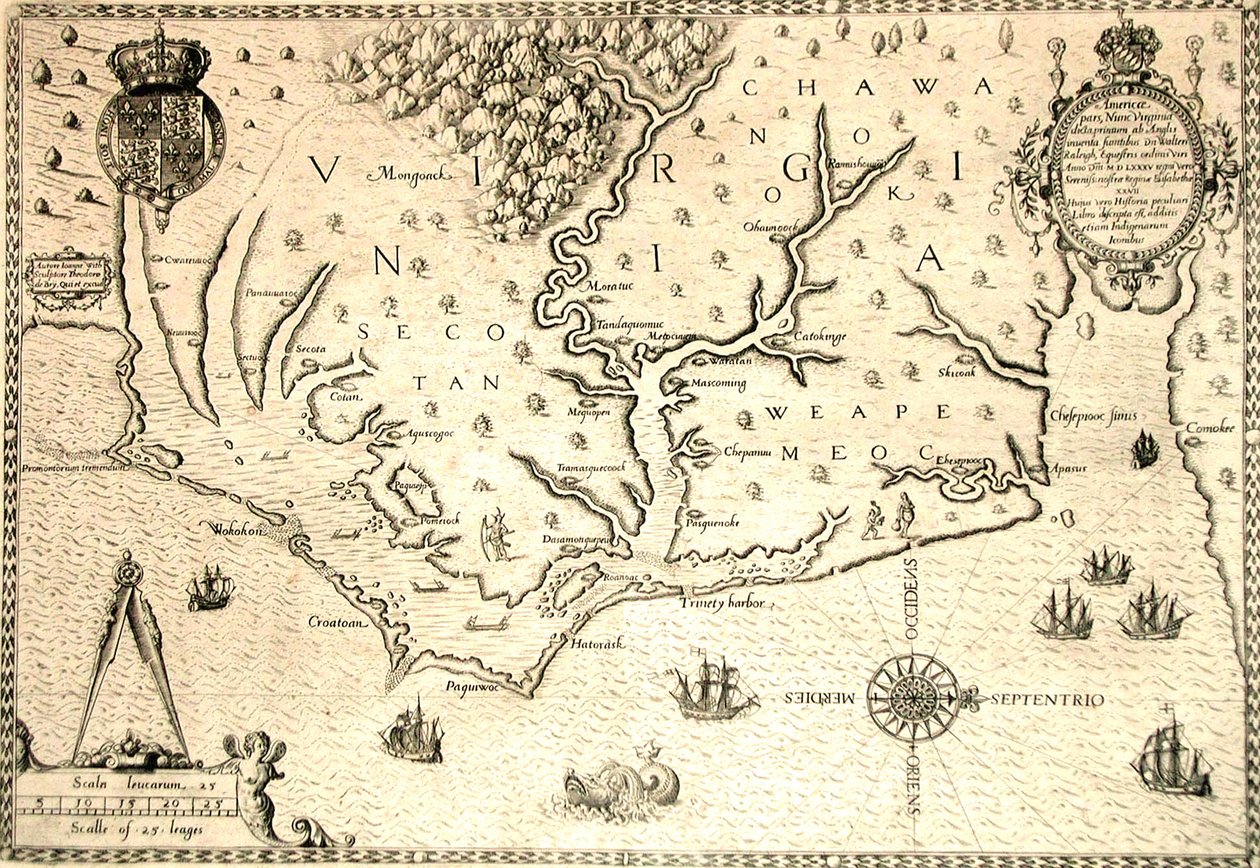 خريطة عام 1590 نقشها ثيودور دي بري بعد الألوان المائية للمستعمر الإنجليزي جون وايت ، حاكم رونوك. فرجينيا والساحل مع الجزر الصغيرة ورونوك عند مصب النهر. أراضي Secotan و Weapemeoc الأصلية. بواسطة ثيودور دي بري