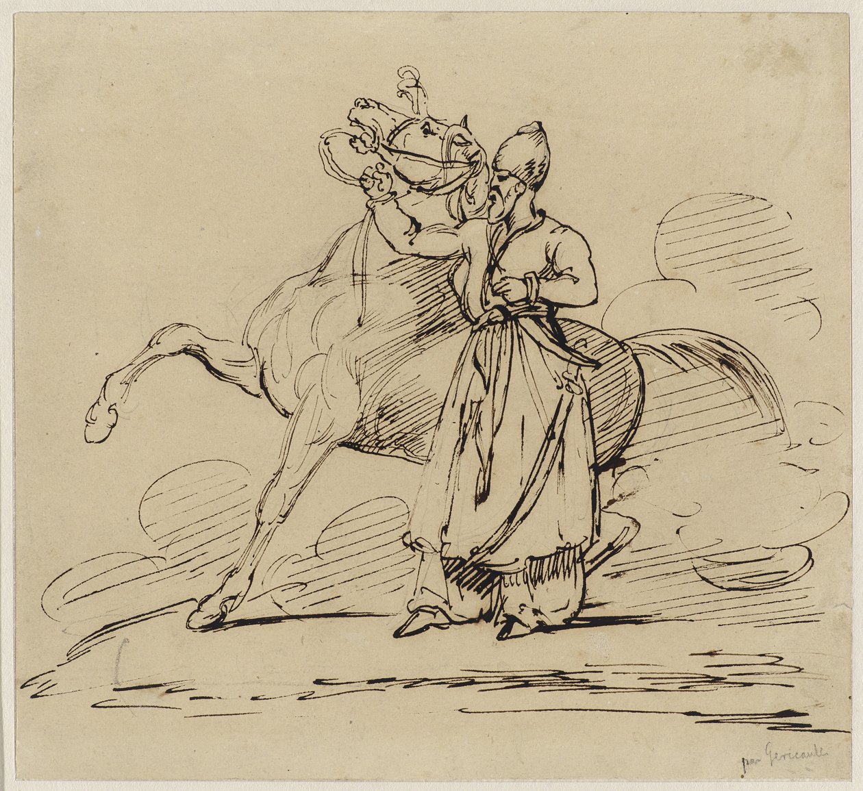 مستأجر Persan un cheval (الفارسي يمسك الحصان) ، c.1817-22 (قلم وحبر بني مع آثار من الجرافيت على ورق منسوج) بواسطة ثيودور جيريكولت